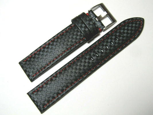 20mm Hadley-Roma MS847 Black Carbon Fiber Leather Red Stitch Watch Band Strap