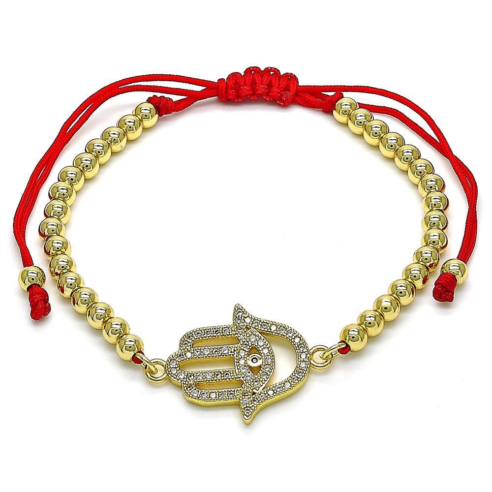 14K GOLD PLATED 7"-11" RED CORD BRACELET W/WHITE MICRO PAVE HAMSA M191
