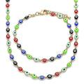 14K GOLD PLATED NECKLACE/BRACELET/SET W/ MULTI-COLOR EVIL EYES CONNECTED M464