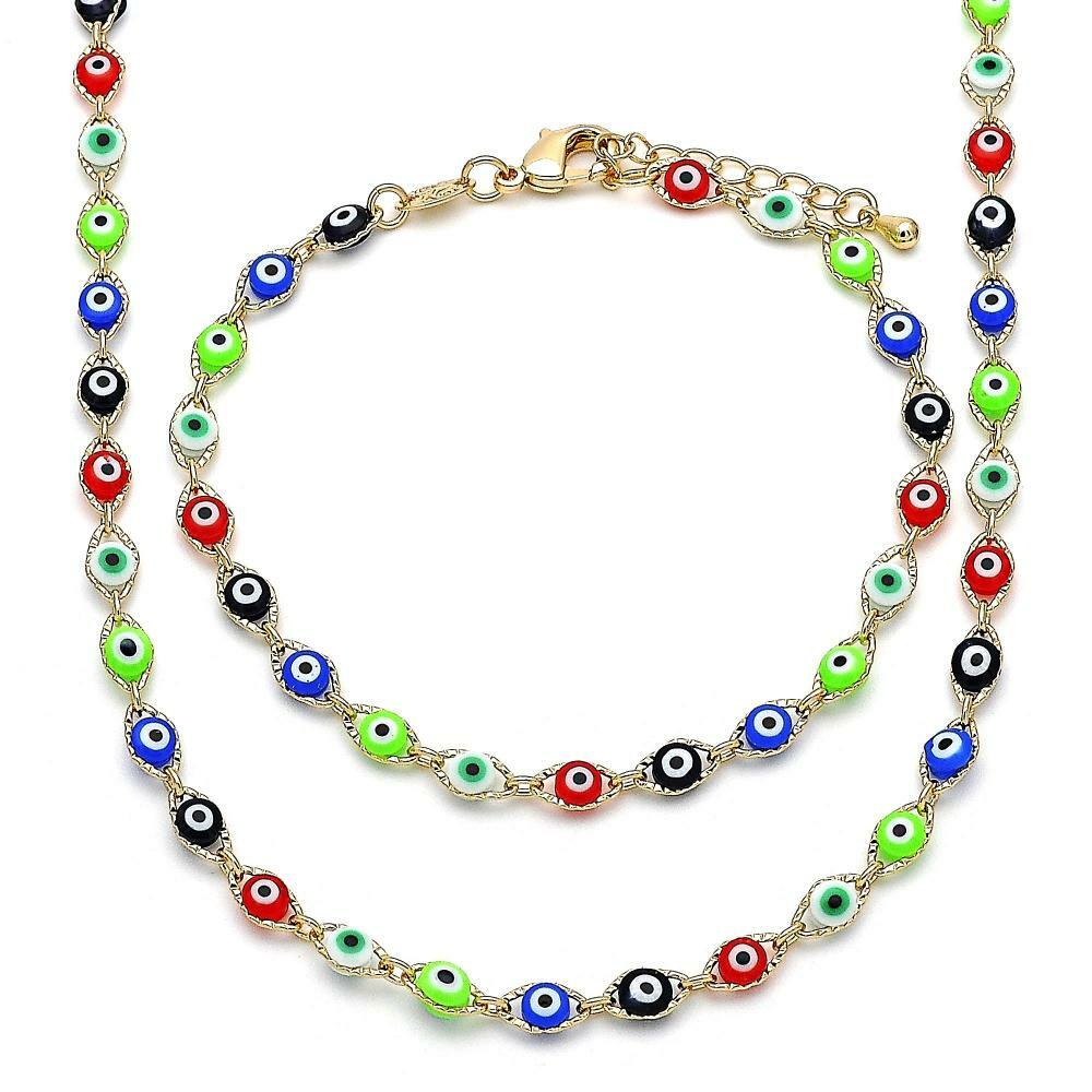 14K GOLD PLATED NECKLACE/BRACELET/SET W/ MULTI-COLOR EVIL EYES CONNECTED M464