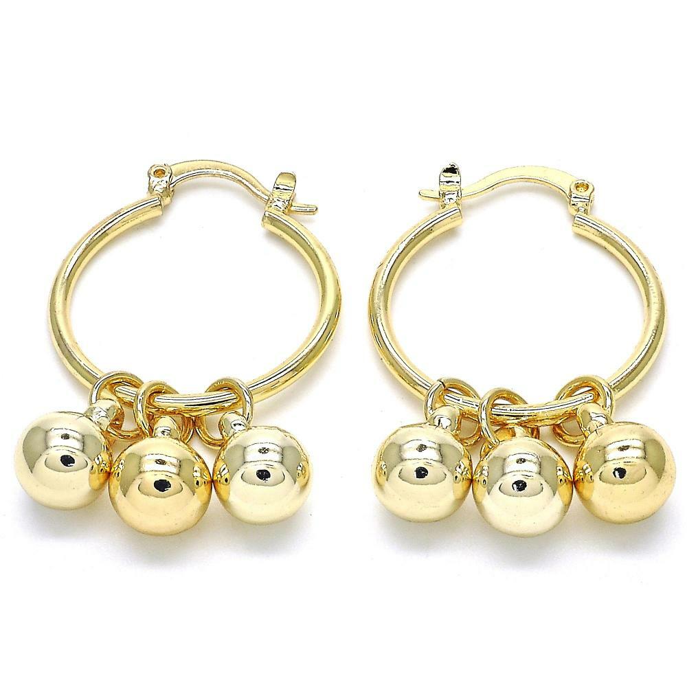 14K GOLD PLATED 2 X 25 MM HOOP WITH 3/ 7MM BALL DANGLES AND SNAP IN CLASP M172