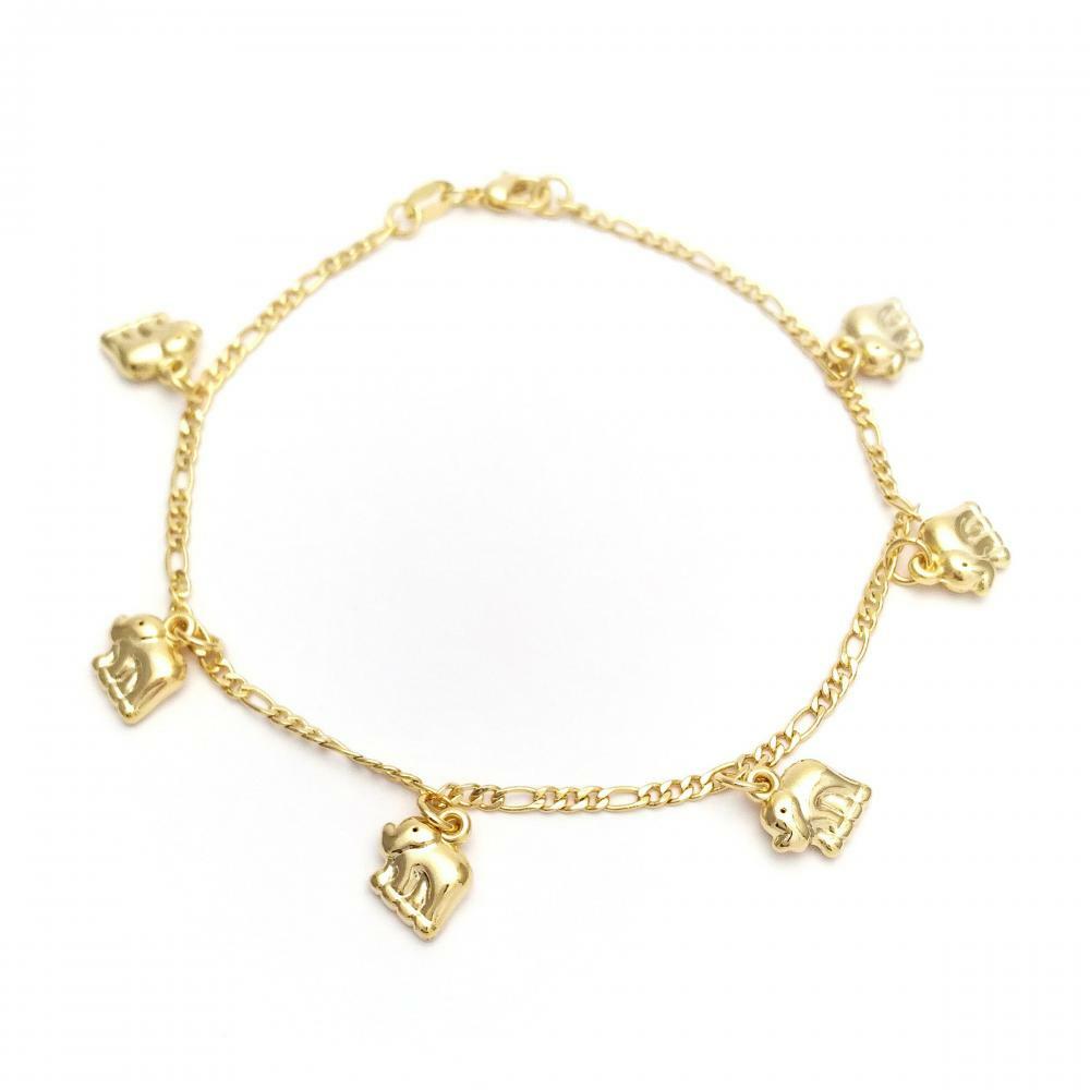 14K GOLD PLATED 9" ANKLET W/ 6 ELEPHANT CHARMS DANGLING FROM FIGARO LINK M430