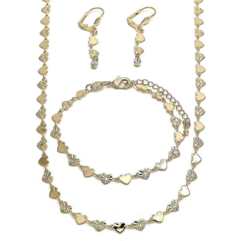 14K GOLD PLATED NECKLACE BRACELET EARRING SET W/ HEARTS CONNECTED M459