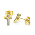 14K GOLD PLATED STUD EARRING SMALL CROSS W/ WHITE CZ & HIGH POLISHED FINISH M595