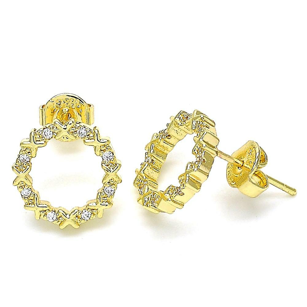 14K GOLD PLATED STUD EARRING HUGS AND KISSES IN A CIRCLE WITH WHITE CZ M522