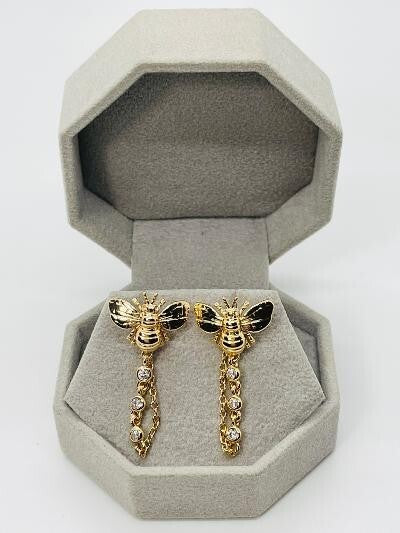 14K GOLD PLATED STUD DANGLE EARRINGS BUMBLE BEE WITH 3 3MM WHITE CZ DANGLES SE34