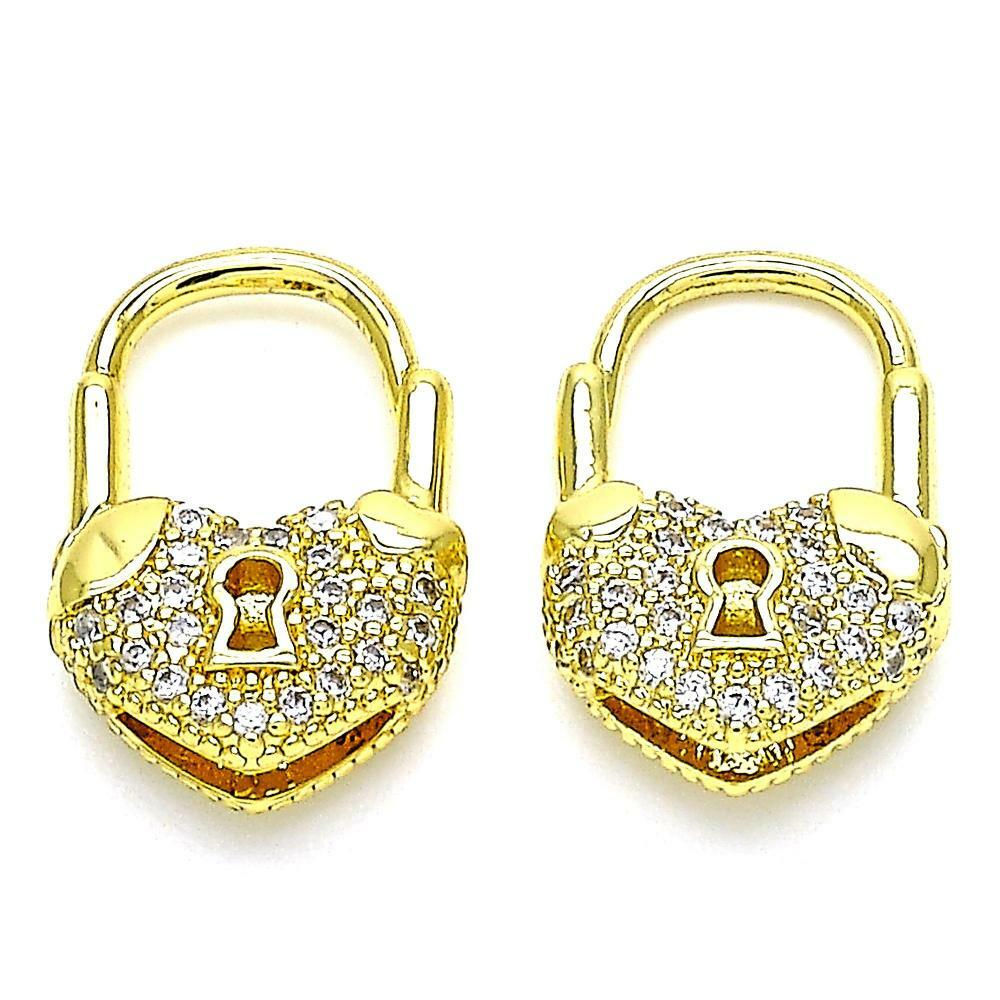 14K GOLD PLATED HOOP EARRINGS HEART AND LOCK DESIGN W/WHITE MICROPAVE CZ M272