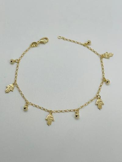 14K GOLD PLATED ANKLET 10" WITH 4 HAMSAS AND 5 4MM BALL CHARMS DANGLING SA1