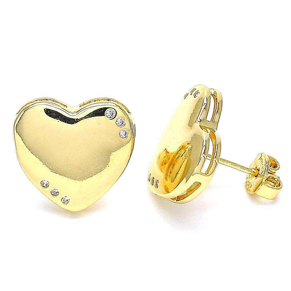14K GOLD PLATED STUD EARRING HEART DESIGN W/ HIGH POLISH FINISH & WHITE CZ M269
