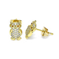 14K GOLD PLATED STUD EARRING OWL DESIGN WITH WHITE CZ AND RED CZ EYES M594
