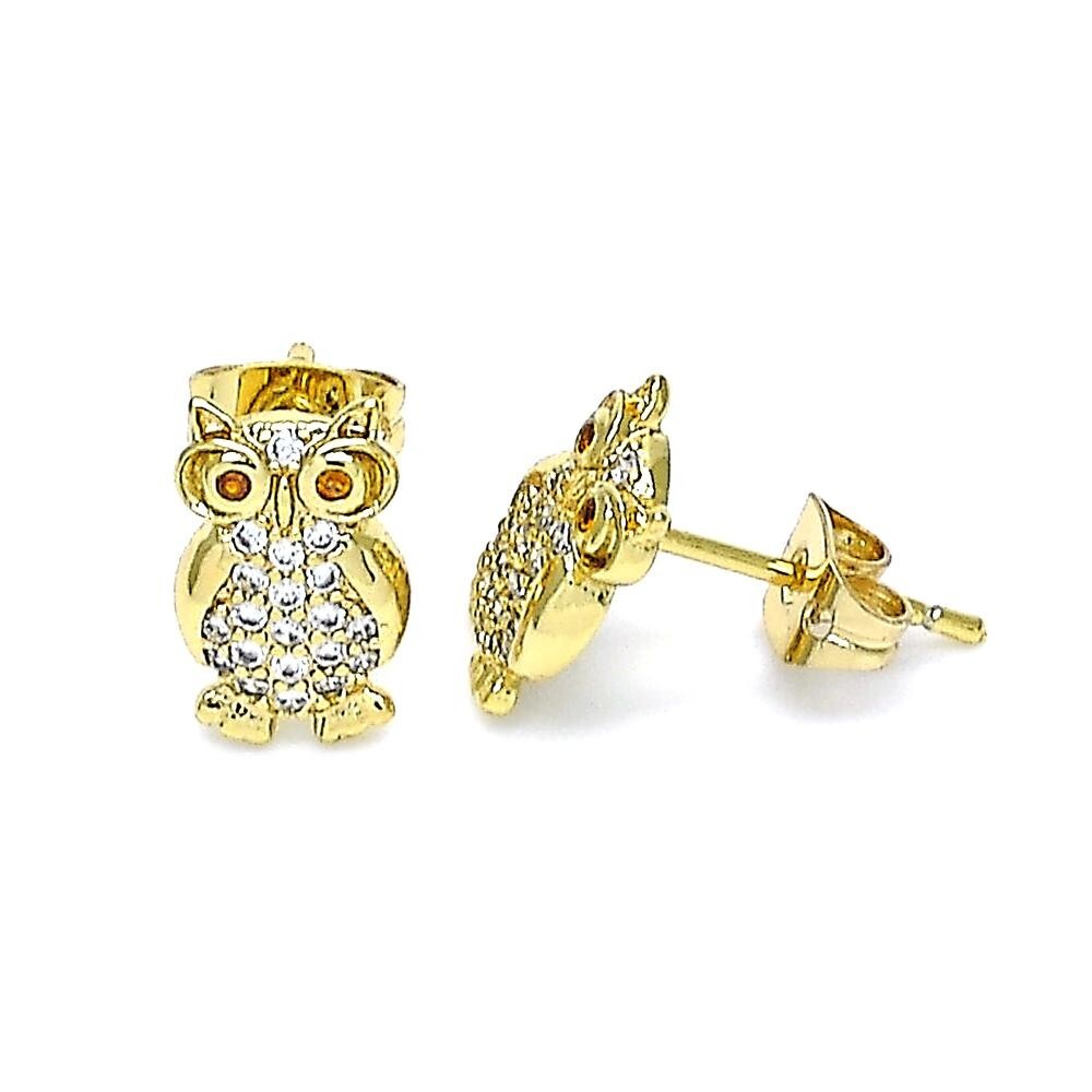 14K GOLD PLATED STUD EARRING OWL DESIGN WITH WHITE CZ AND RED CZ EYES M594