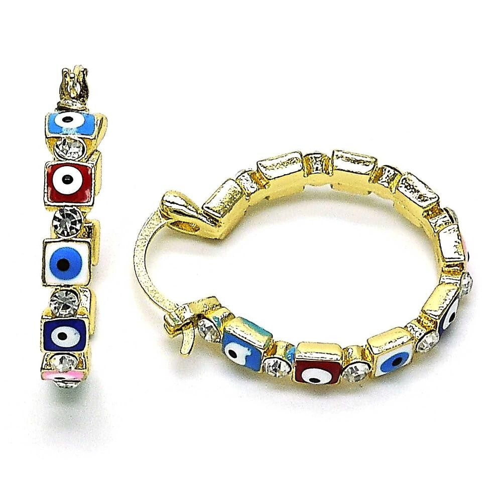 14K GOLD PLATED HOOP EARRING W/MULTI COLOR ENAMEL EVIL EYES & WHITE CRYSTAL M638