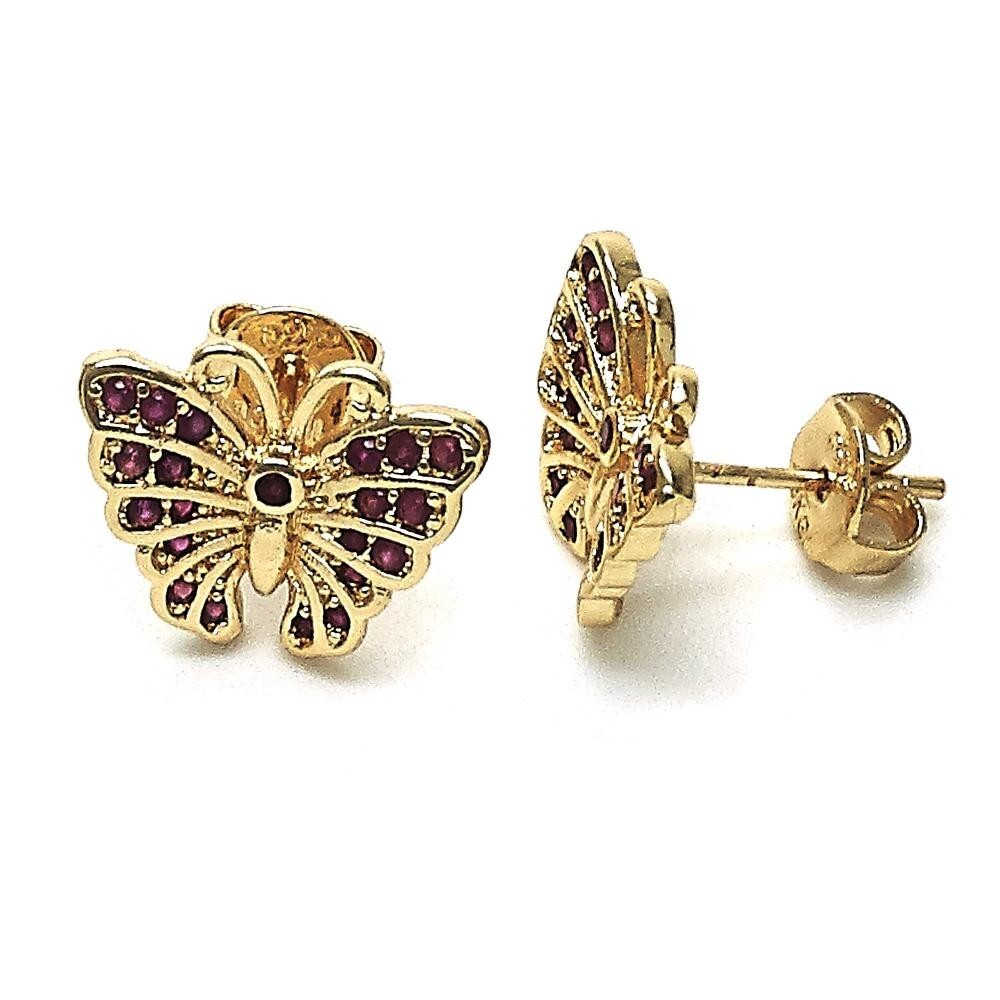 14K GOLD PLATED STUD EARRING BUTTERFLY DESIGN WITH RUBY COLOR MICRO PAVE CZ M613
