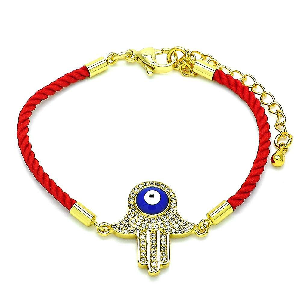 14K GOLD PLATED 6"+2" RED CORD BRACELET W/WHITE MICRO PAVE HAMSA & BLUE EYE M387