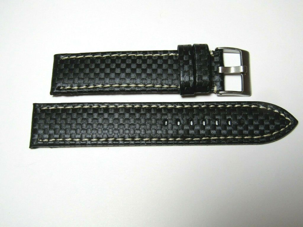 22mm Hadley-Roma MS847 Black Carbon Fiber Leather White Stitch Watch Band Strap