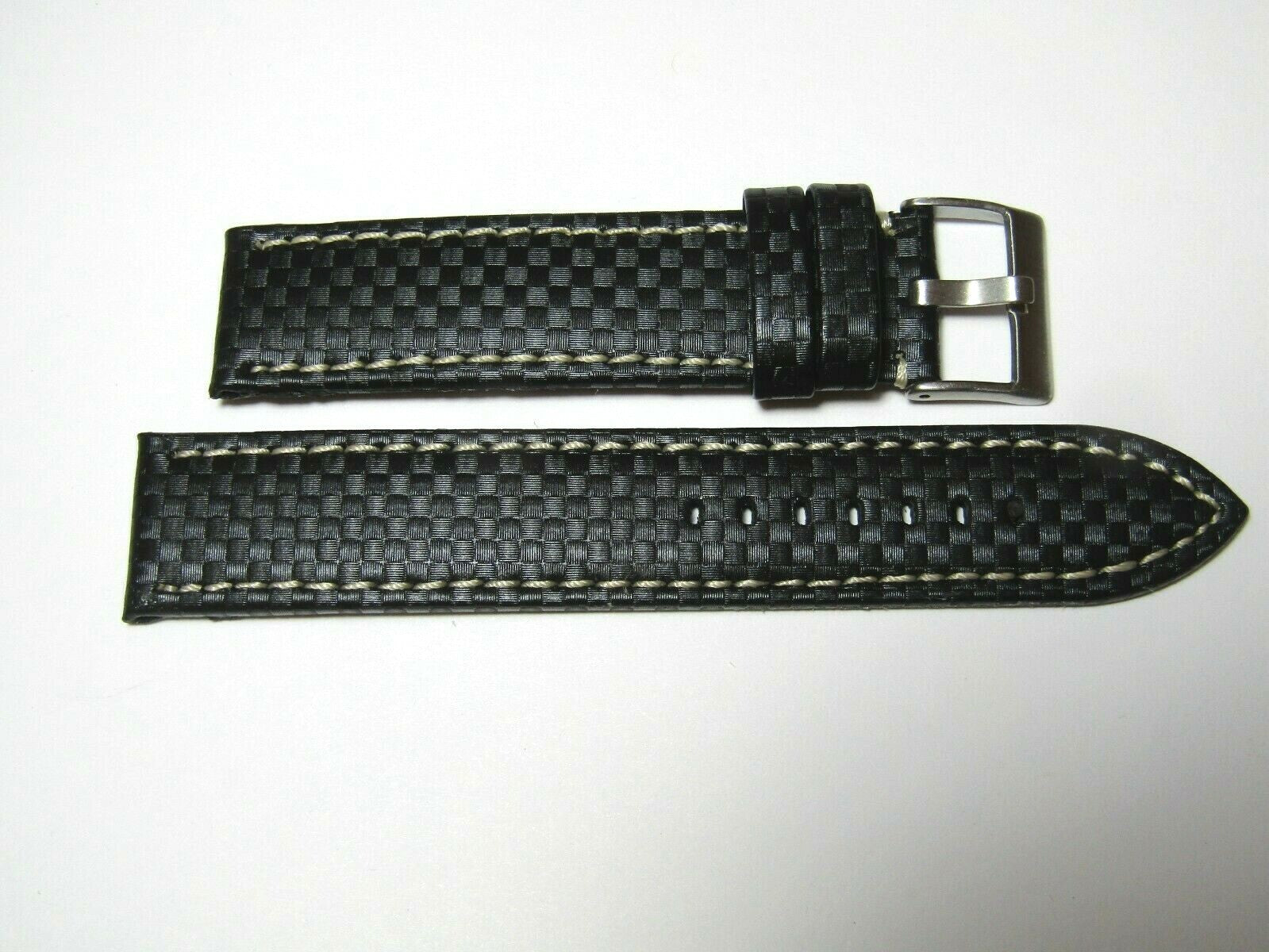 22mm Hadley-Roma MS847 Black Carbon Fiber Leather White Stitch Watch Band Strap