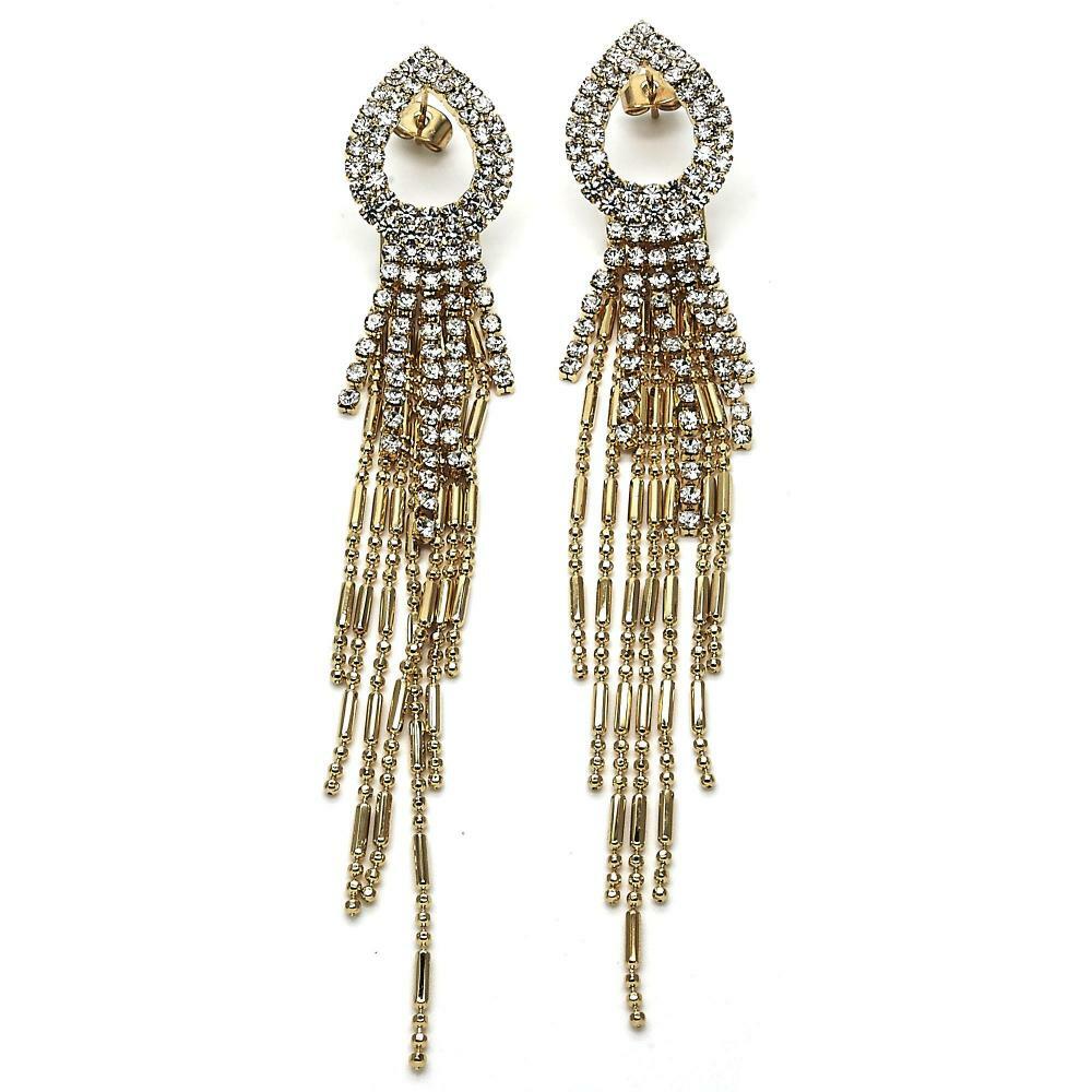 14 K GOLD PLATED 4 1/2" LONG DANGLE EARRINGS TEAR DROP DESIGN/WHITE CRYSTA M61