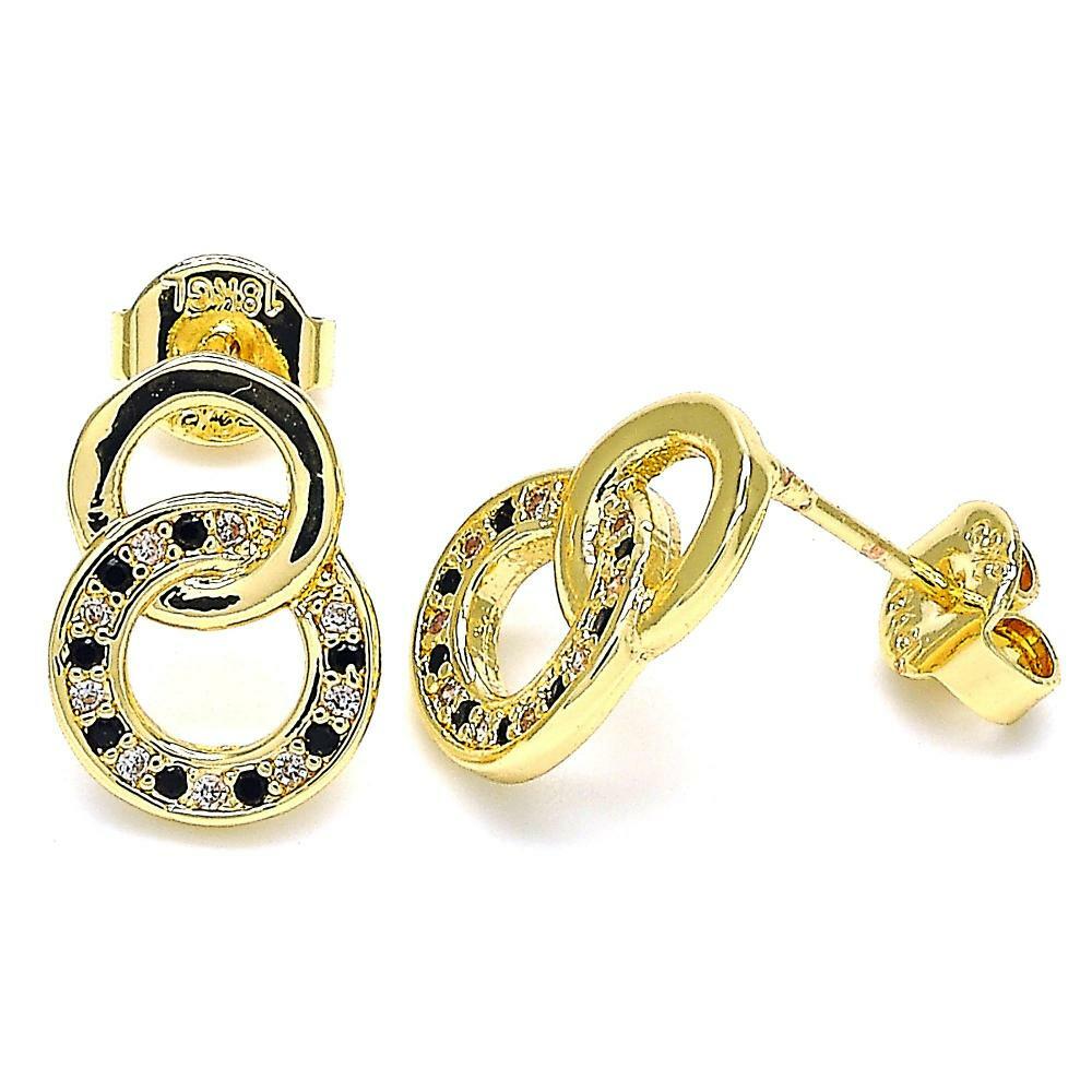 14K GOLD PLATED STUD EARRING 2 CIRCLES DESIGN WITH BLACK AND WHITE CZ M396
