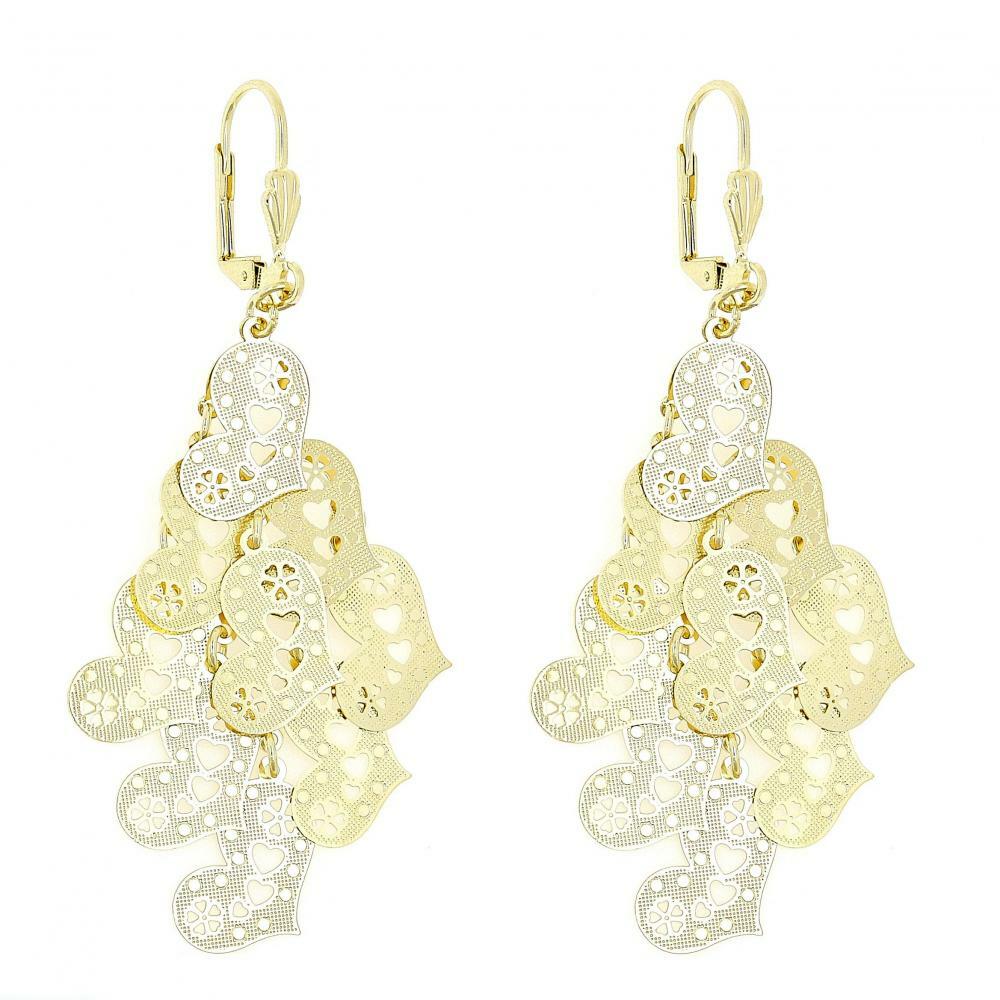 14 K GOLD PLATED 3" LONG CHANDELIER DANGLE EARRINGS CUT OUT HEARTS DESIGN M58