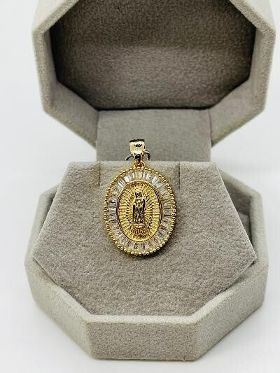 14K GOLD PLATED PENDANT MARY MEDAL WITH BAUGETTE SHAPE WHITE CZ ALL AROUND SP9