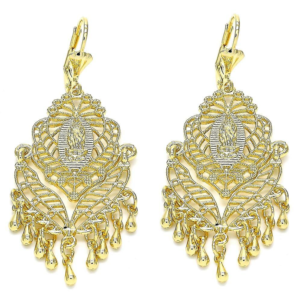 14K GOLD PLATED 2.5" LONG DANGLE EARRINGS WITH GUADALUPE IN TEAR DROP DESIGN M65