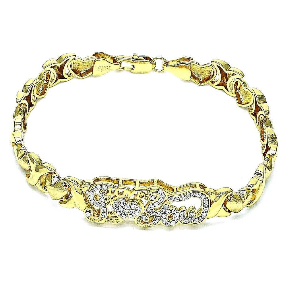 14K GOLD PLATED 7.5" BRACELET HUGS & KISSES W/ HEART DESIGN W/WHITE CRYSTAL M695