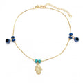 14K GOLD PLATED 10" + 2" ANKLET WITH 2 BLUE EVIL EYES AND 1 HAMSA DANGLE M421