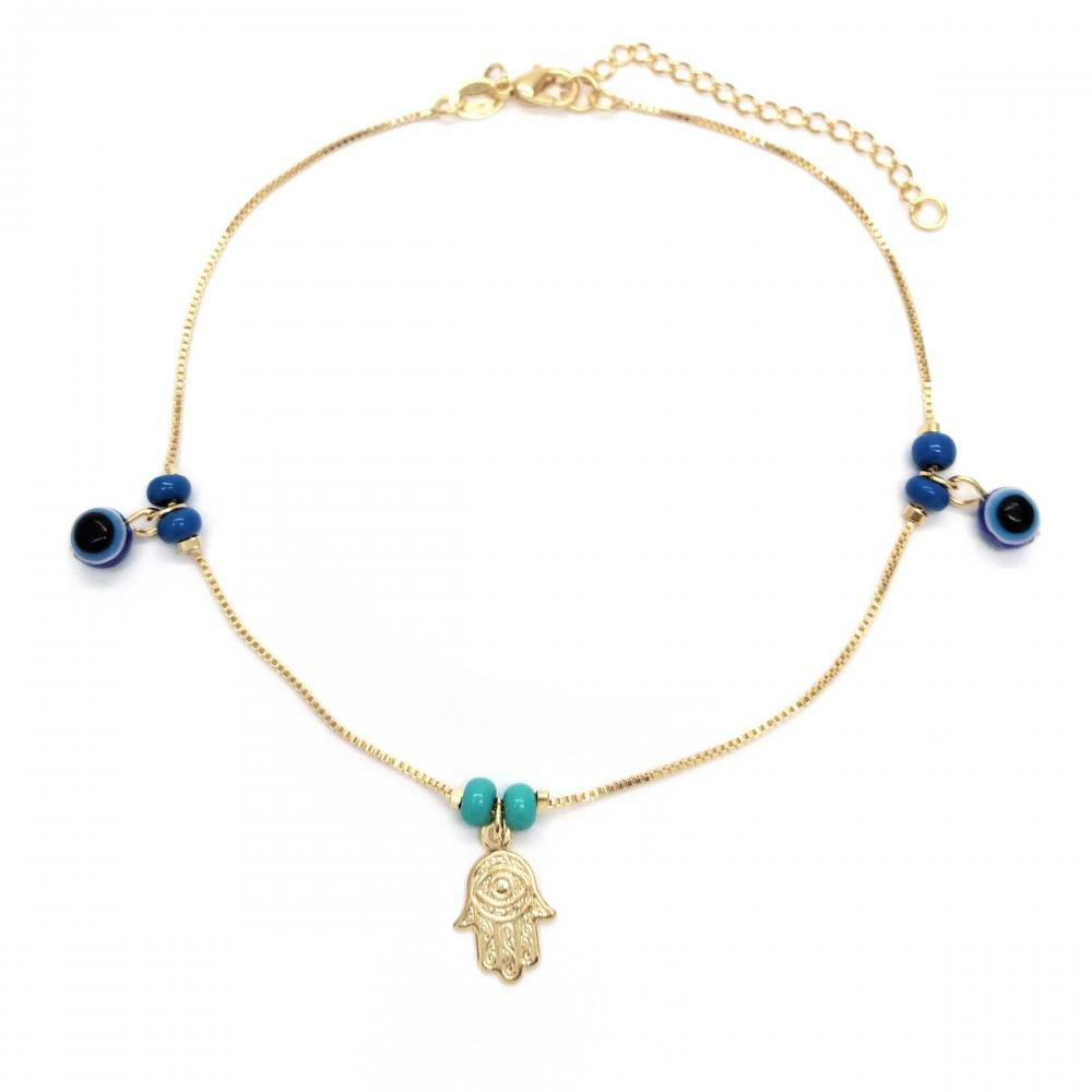 14K GOLD PLATED 10" + 2" ANKLET WITH 2 BLUE EVIL EYES AND 1 HAMSA DANGLE M421