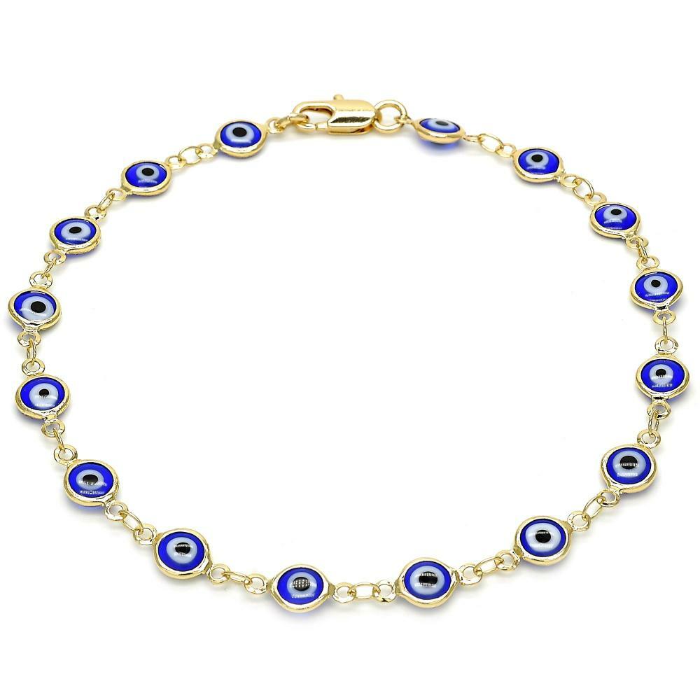 14K GOLD PLATED 9.5" ANKLET W/ DARK BLUE EVIL EYES LINKED & LOBSTER CLASP M164