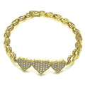 14K GOLD PLATED 7" BRACELET W/3 WHITE MICRO PAVE HEARTS LINKED & SNAP CLASP M664