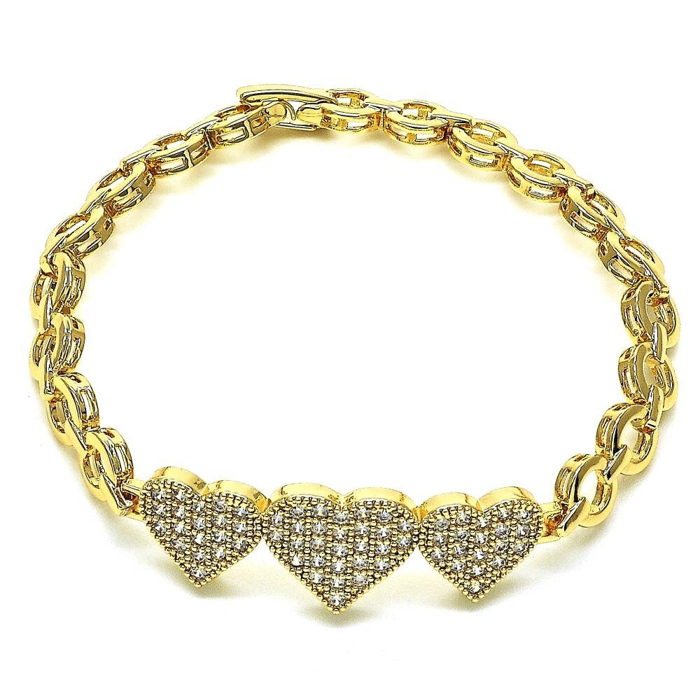 14K GOLD PLATED 7" BRACELET W/3 WHITE MICRO PAVE HEARTS LINKED & SNAP CLASP M664