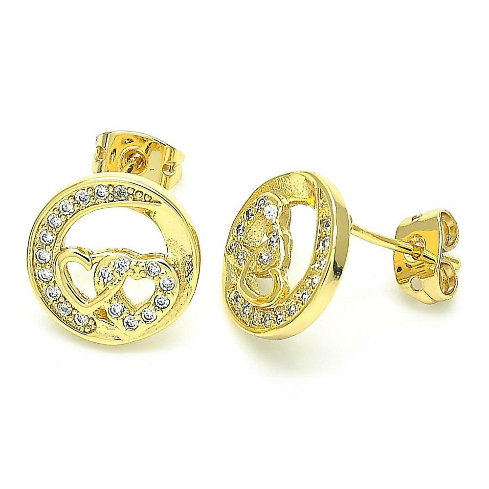 14K GOLD PLATED STUD EARRIING TWO HEARTS IN A CIRCLE W/ WHITE MICROPAVECZ M267