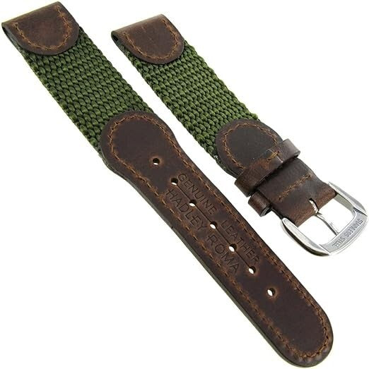 19mm MS866 Olive Hadley-Roma Mens Leather & Nylon Army Watch Band Strap Military
