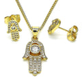 14K GOLD PLATED EARRING PENDANT 18" SET HAMSA W/5MM CZ &WHITE MICRO PAVE CZ M568