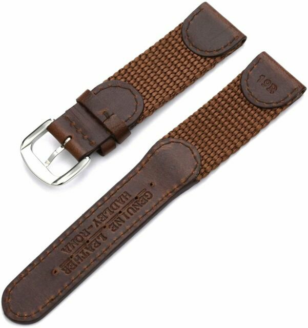 20mm MS866 Brown Hadley-Roma Mens Leather & Nylon Army Watch Band Strap Military