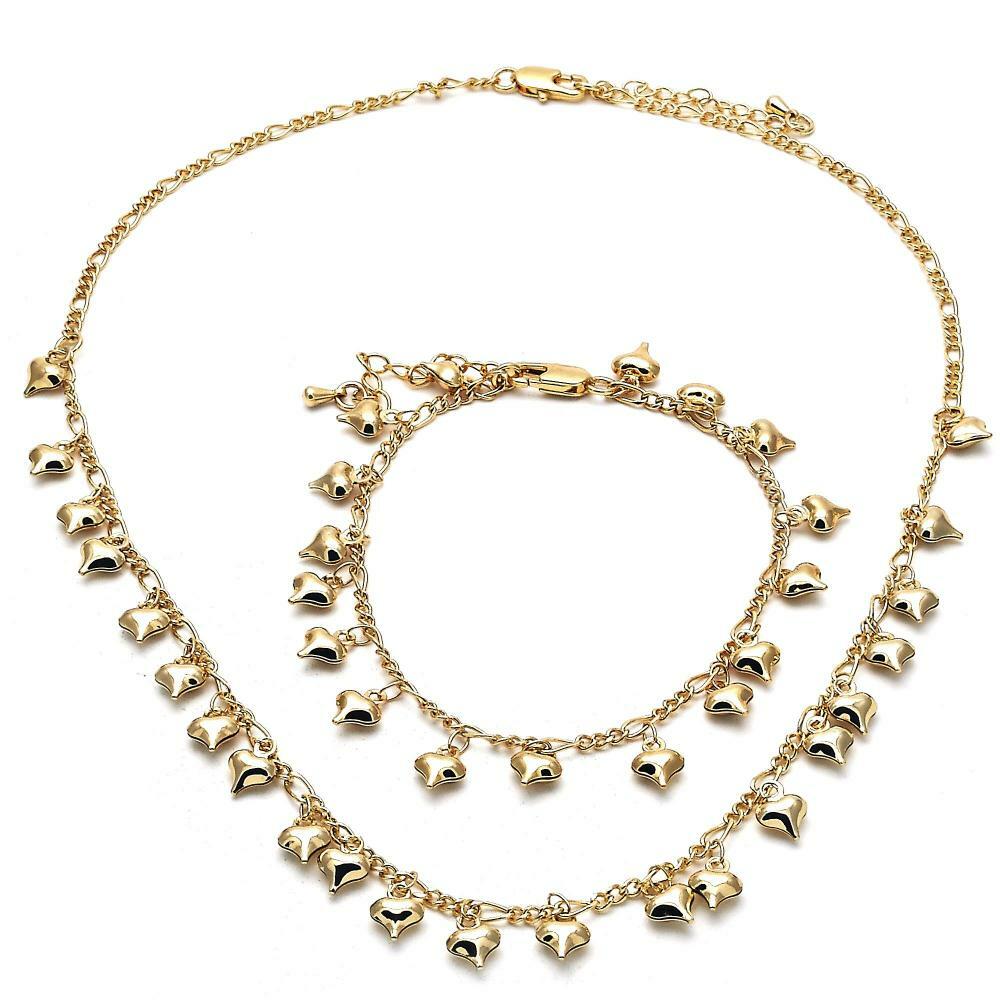 14K GOLD PLATED NECKLACE BRACELET SET W/ PUFFED HEARTS DANGLING M452