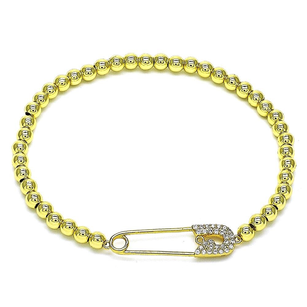 14K GOLD PLATED 4MM BALL STRETCH BRACELET W/ SAFETY PIN CHARM WITH WHITE CZ M690