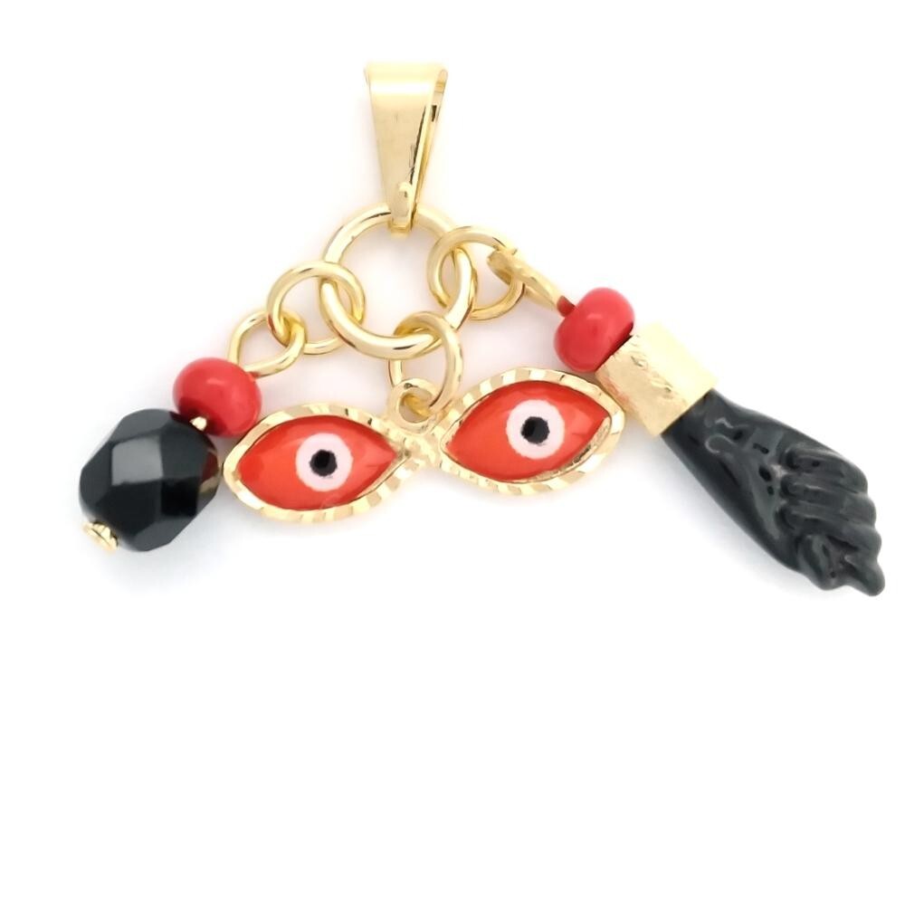 14K GOLD PLATED PENDANT WITH 2 RED ENAMEL EVIL EYES AND A BLACK POWER FIST M552