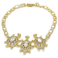 14K GOLD PLATED 7" FLAT MARINER LINK BRACELET WITH 3 TURTLES WITH WHITE CZ M208