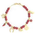 14K GOLD PLATED 7.5" CHARM BRACELET W/ 6 MM RED BEADS & 7 GOOD LUCK CHARMS M671