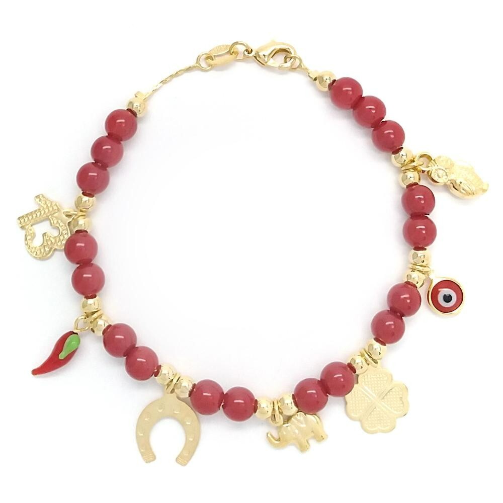14K GOLD PLATED 7.5" CHARM BRACELET W/ 6 MM RED BEADS & 7 GOOD LUCK CHARMS M671