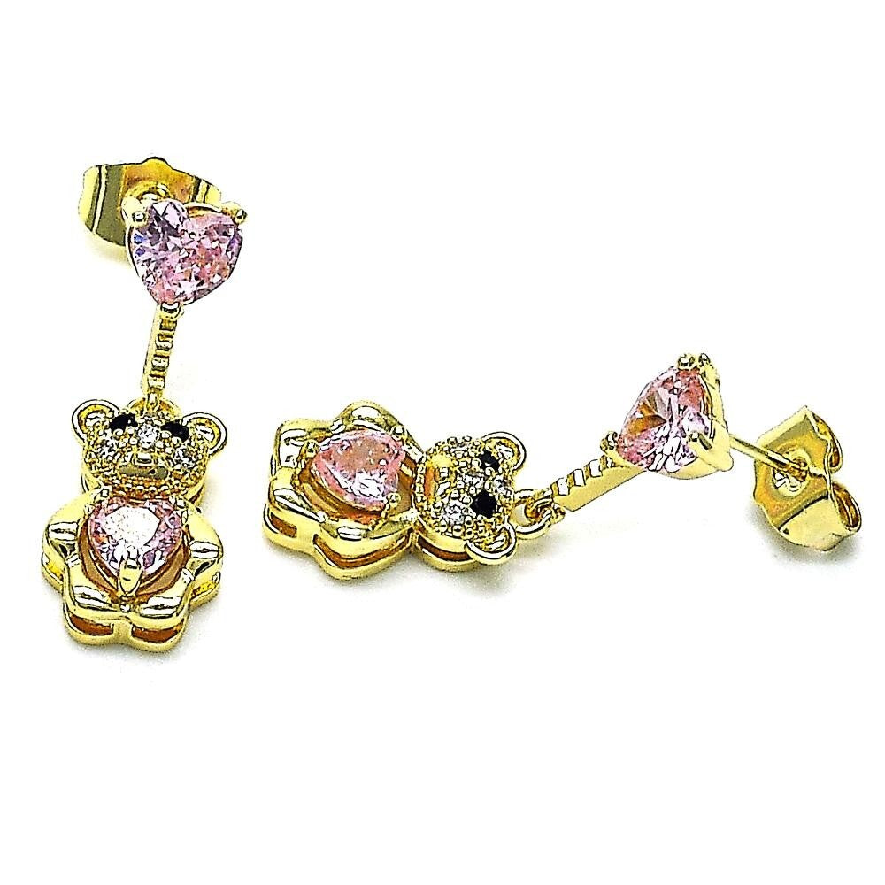 14K GOLD PLATED STUD DANGLE EARRIING TEDDY BEAR W/ 6 X 7 MM PINK CZ HEARTS M604
