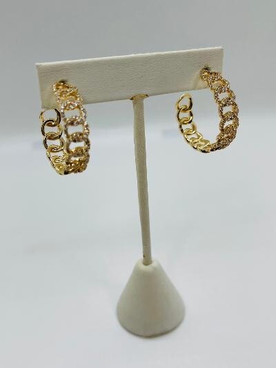 14K GOLD PLATED POST HOOP EARRING CHAIN LINK DESIGN WITH WHITE MICRO PAVE CZ SE9