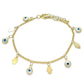 14K GOLD PLATED 7.5"+1" CHARM BRACELET WITH 9 EVIL EYES AND HAMSAS DANGLING M354