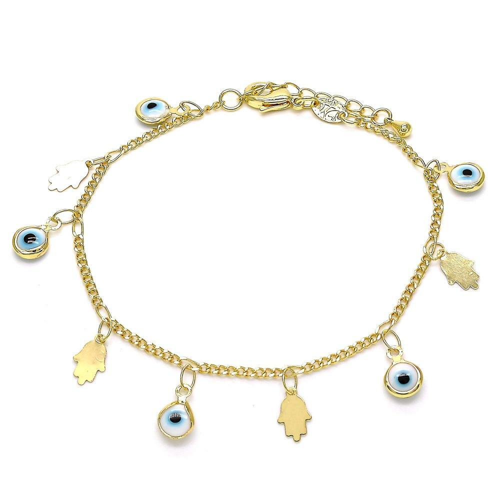 14K GOLD PLATED 7.5"+1" CHARM BRACELET WITH 9 EVIL EYES AND HAMSAS DANGLING M354