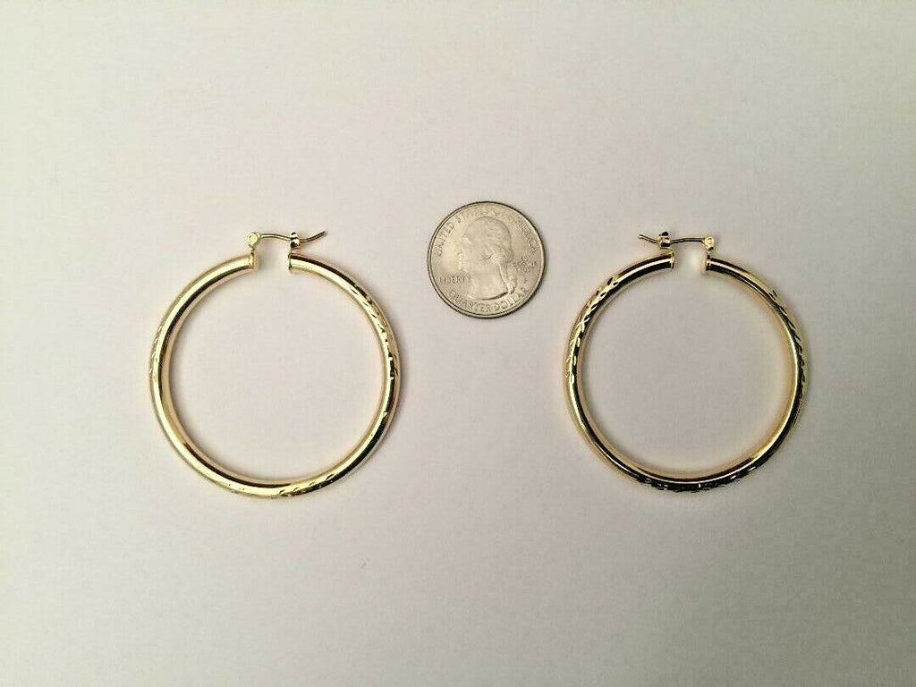 14 K GOLD PLATED HOOPS 3 MM X 48 MM W/ DIAMOND CUTS AND SNAP IN CLOSING J 399