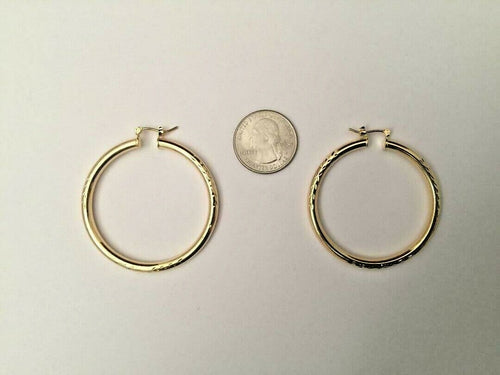 14 K GOLD PLATED HOOPS 3 MM X 48 MM W/ DIAMOND CUTS AND SNAP IN CLOSING J 399