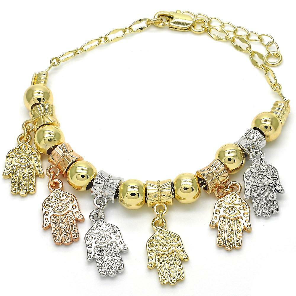 14K GOLD PLATED ADJUSTABLE TR-COLOR CHARM BRACELET W/ HAMSA HANDS DANGLING M165