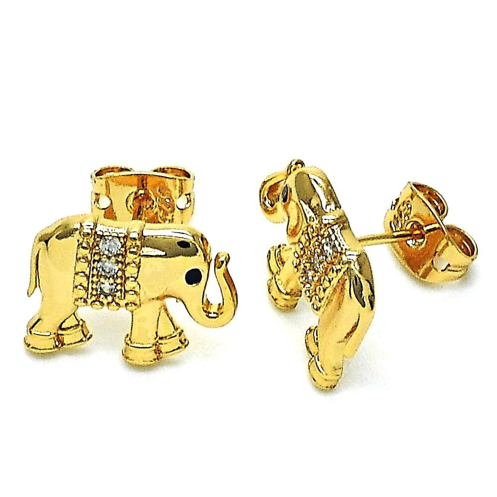 14K GOLD PLATED STUD EARRING ELEPHANT WITH WHITE MICROPAVE CZ AND BLACK EYE M619