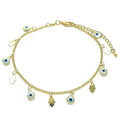 14K GOLD PLATED 9.5"+1" ANKLET WITH 12 BLUE EVIL EYES AND HAMSAS DANGLING M404